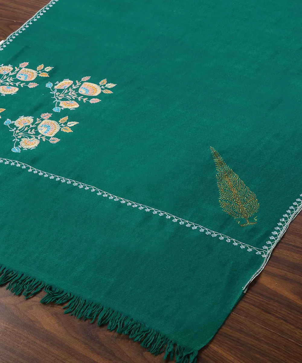 Green Handwoven Pure Pashmina Stole With Kalamkari And Soznikari