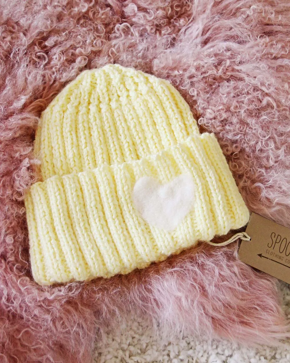 Hand Knit Heart Beanie in Sun