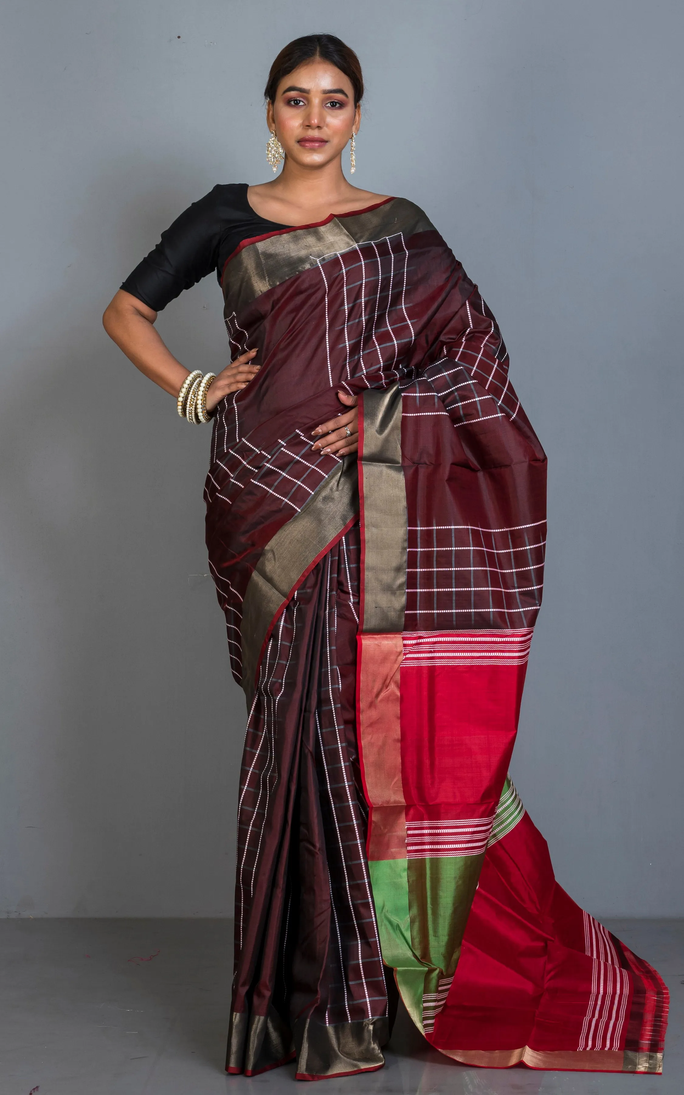 Handwoven Bishnupuri Checks Katan Silk Saree in Garnet, Red, Green and White