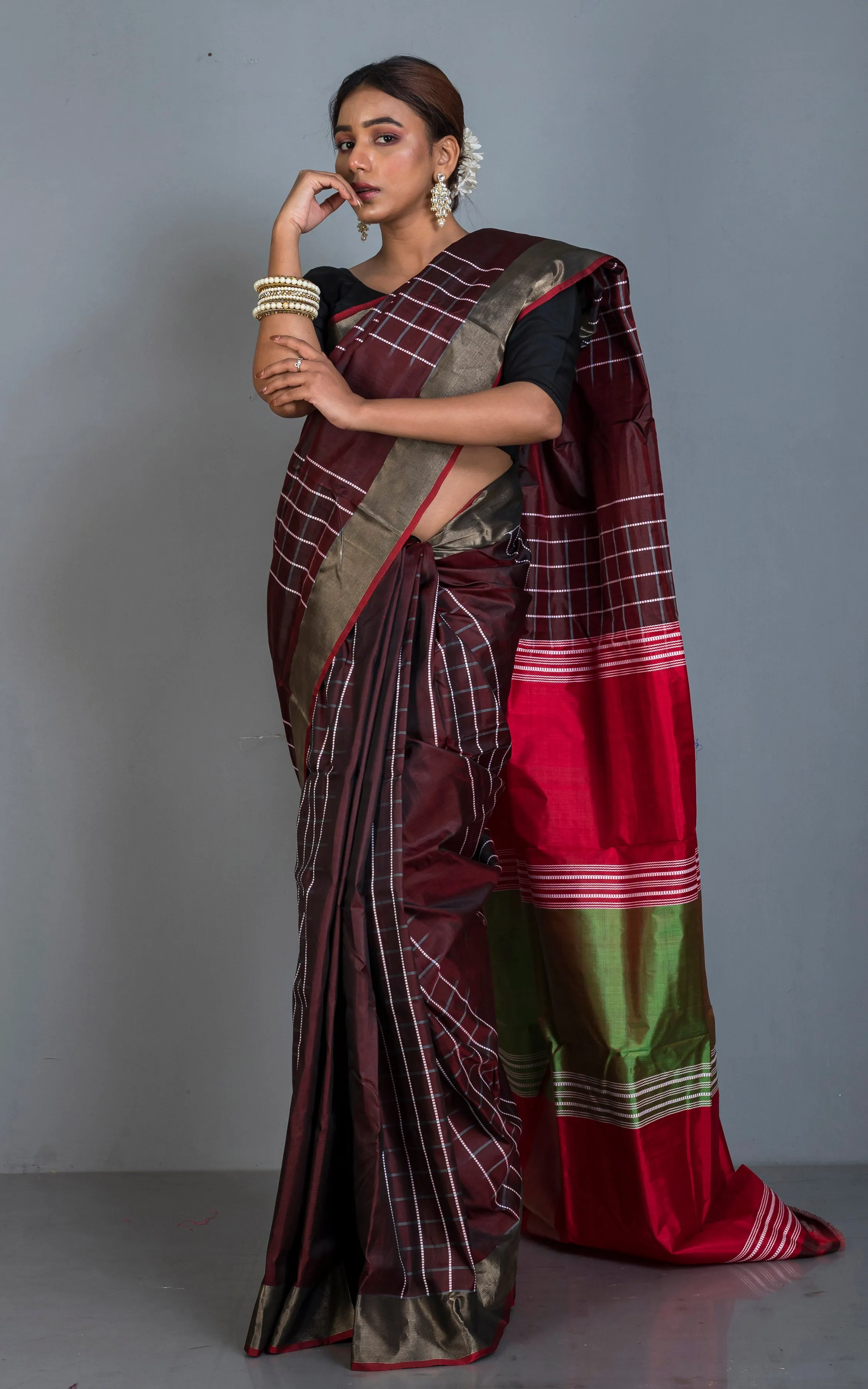 Handwoven Bishnupuri Checks Katan Silk Saree in Garnet, Red, Green and White