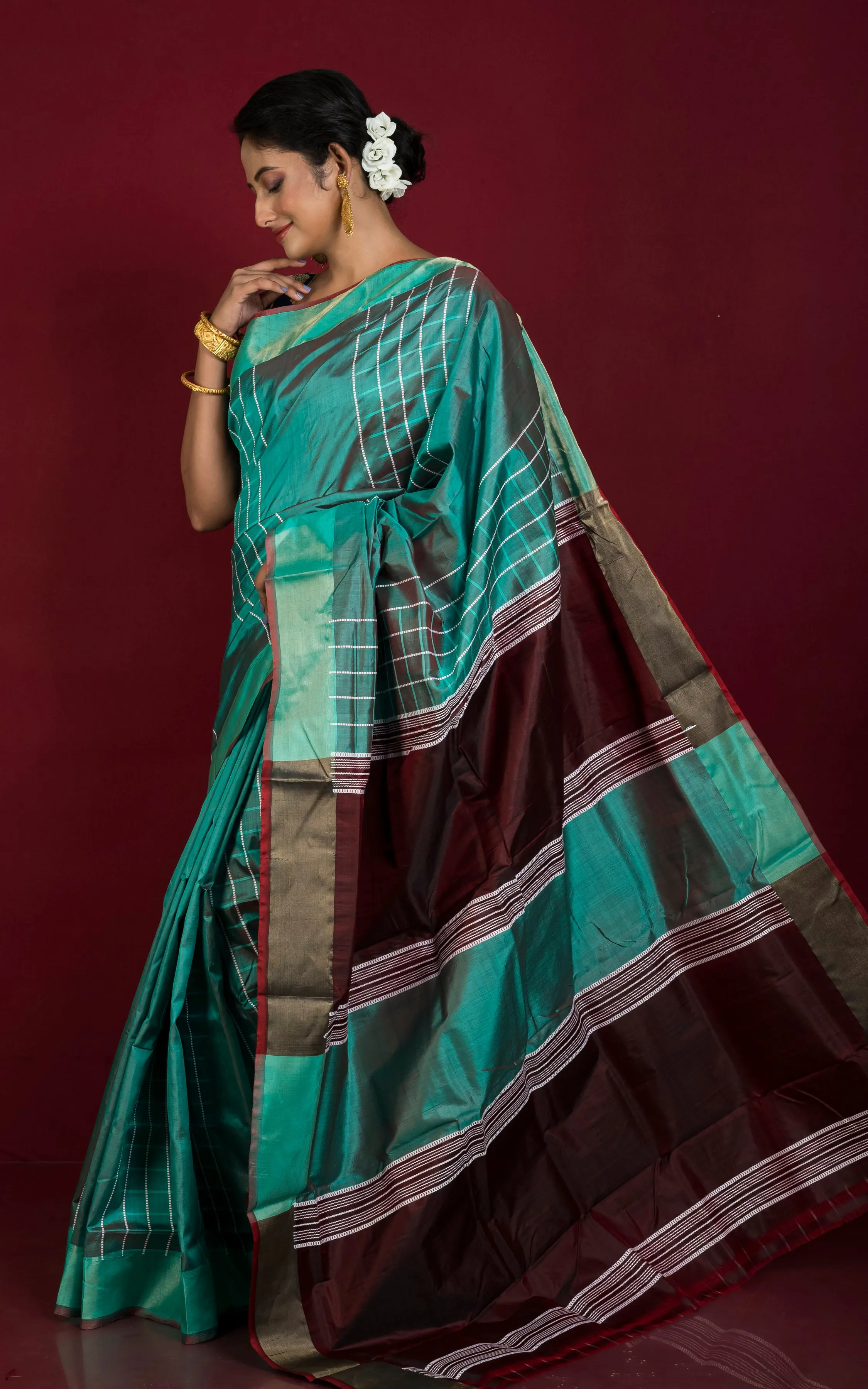 Handwoven Bishnupuri Checks Katan Silk Saree in Myrtle Green, Reddish Brown and White