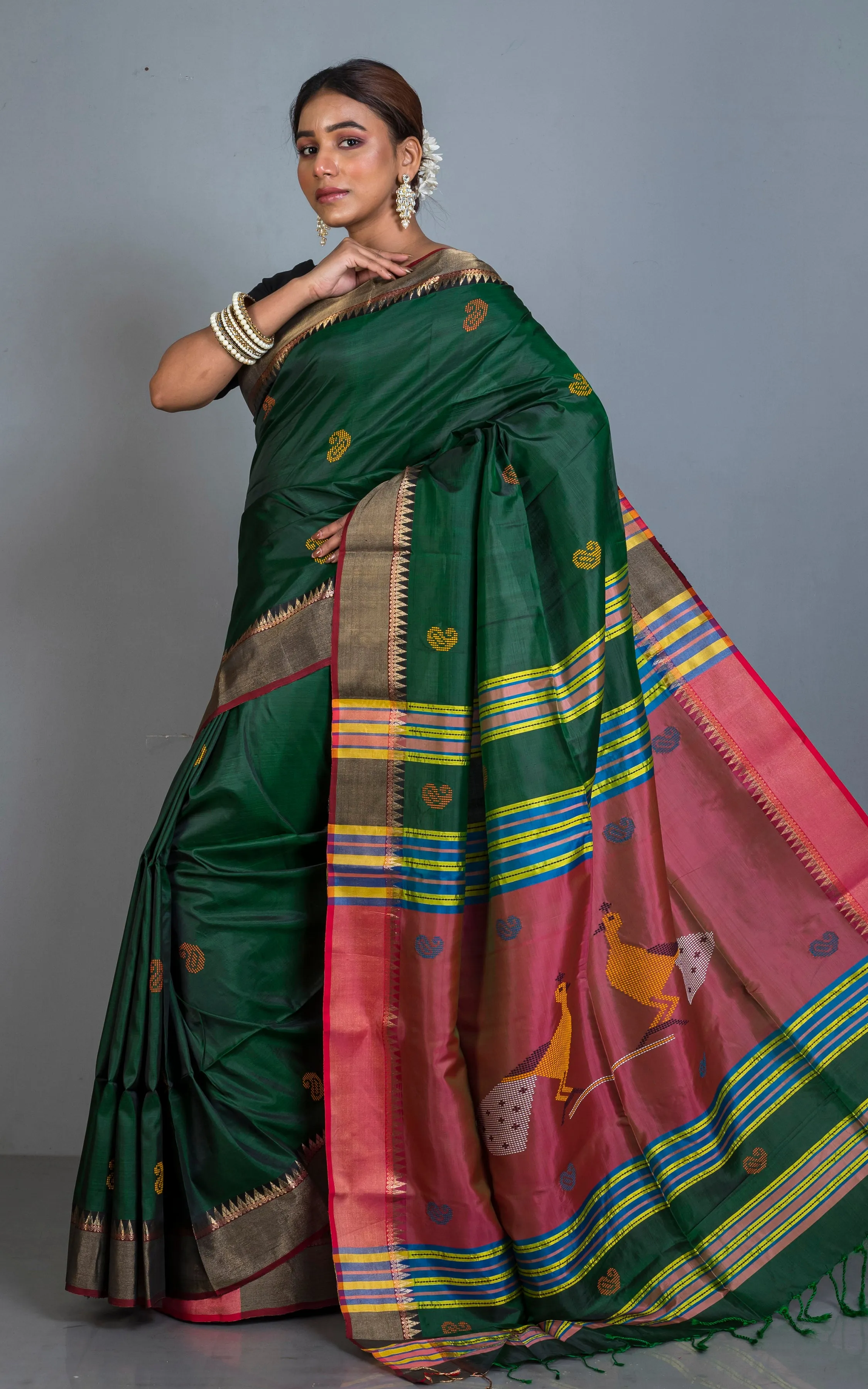 Handwoven Bishnupuri Kalakshetra Katan Silk Saree in Dark Green, Red, Black and Multicolored