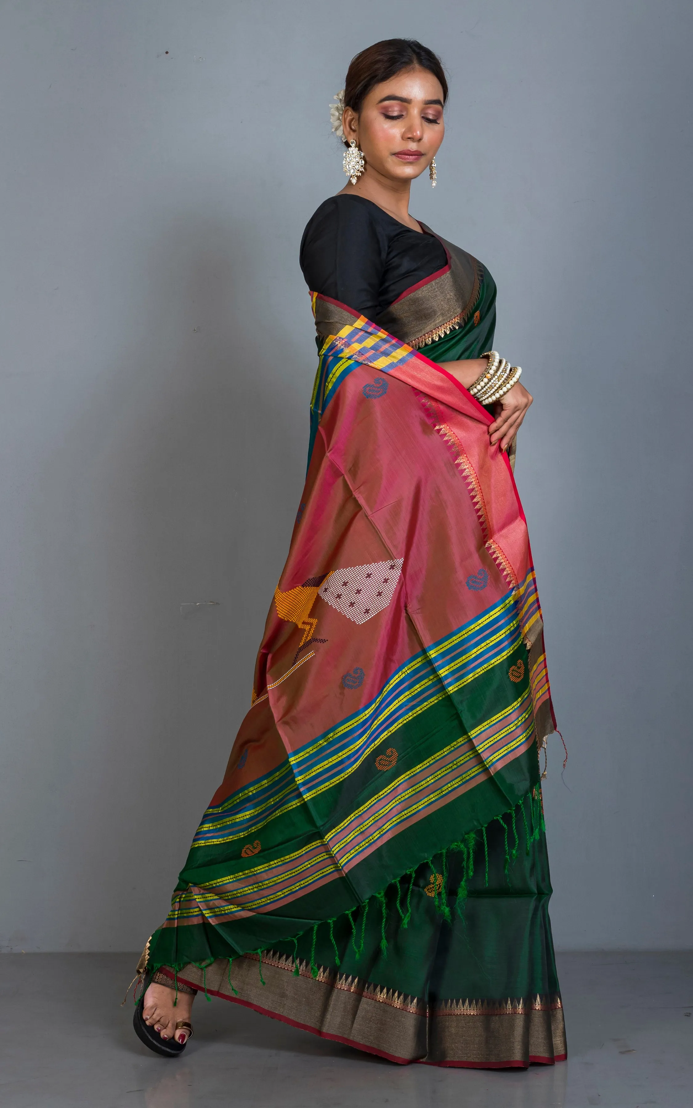 Handwoven Bishnupuri Kalakshetra Katan Silk Saree in Dark Green, Red, Black and Multicolored