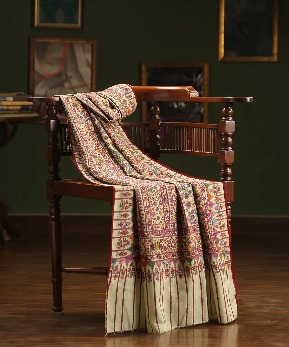 Handwoven Cardamom Green Pure Pashmina Shawl With Kalamkari And Aari Work And Striped Palla