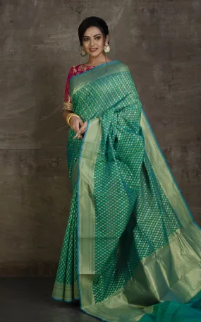 Handwoven Cotton Chanderi Saree in Jade Green, Blue and Muted Gold Matte Zari Work