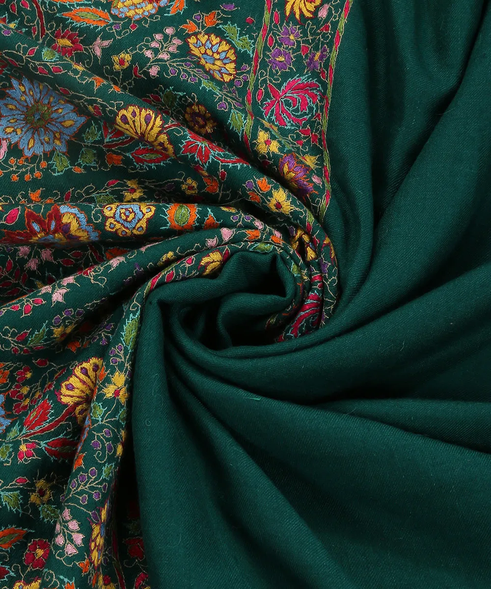 Handwoven Dark Green Pure Pashmina Shawl With Bharan Work