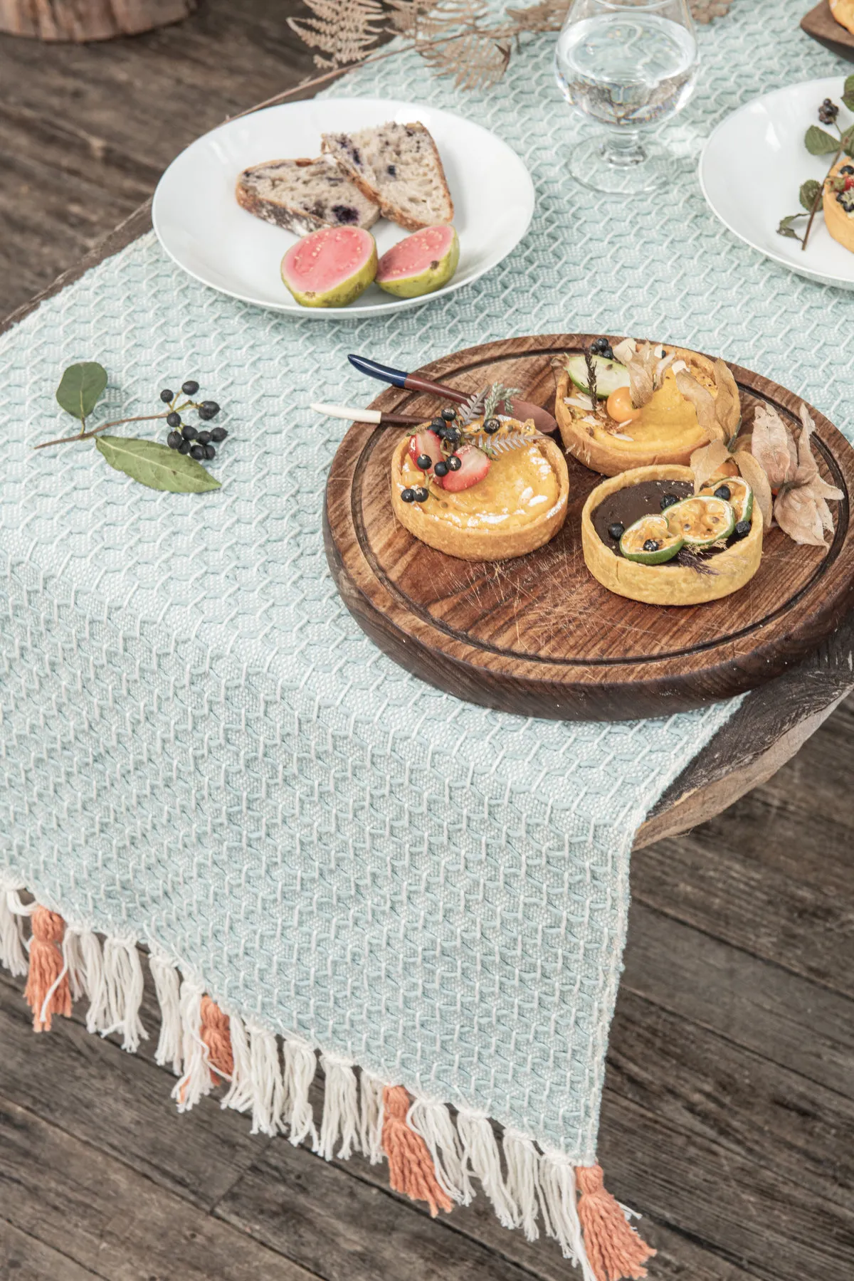 handwoven Diamond Woven Table Runner - Naidi Blue/Guanabana Cream/Dark Green