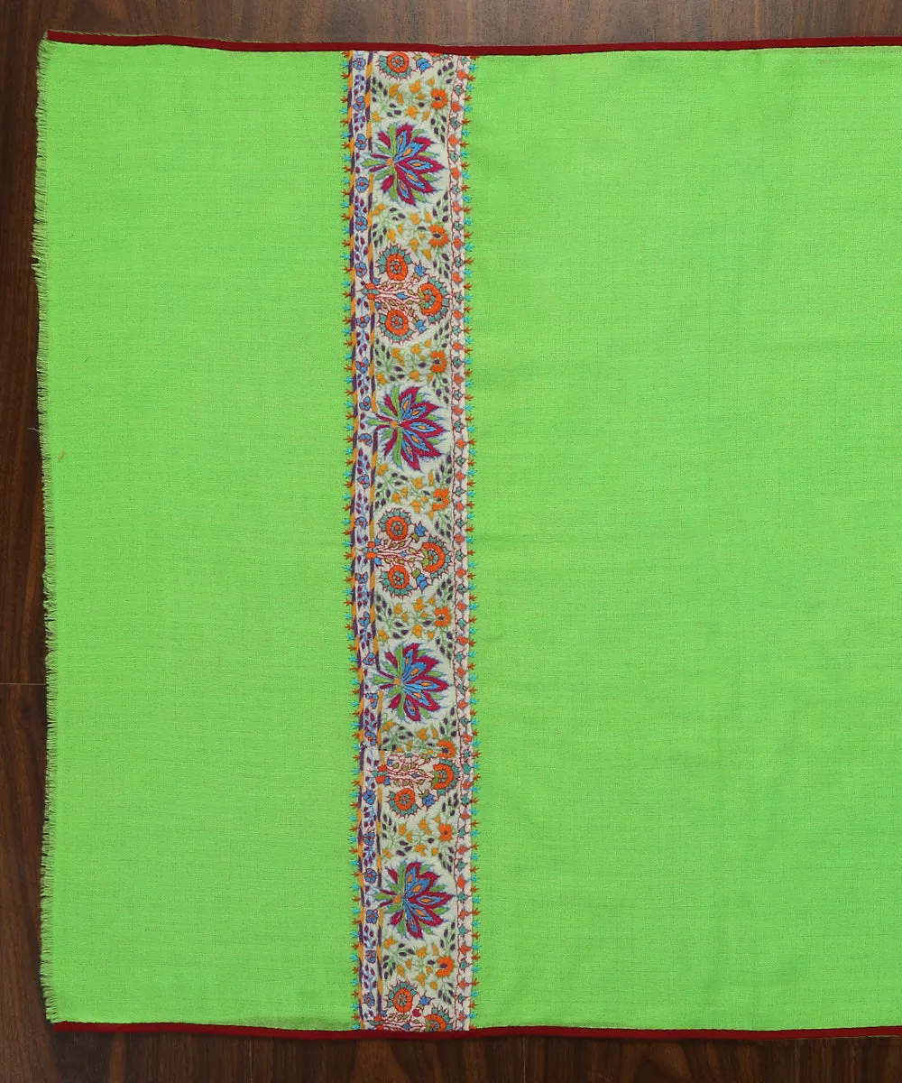 Handwoven Green Pure Pashmina Stole With Hand Appliqued Kashidakari Border