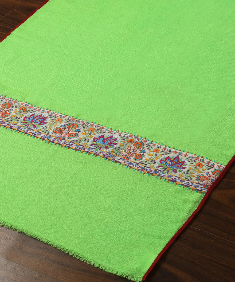 Handwoven Green Pure Pashmina Stole With Hand Appliqued Kashidakari Border