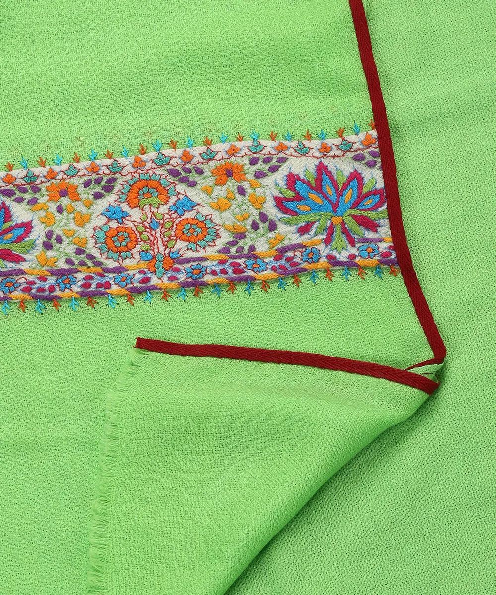 Handwoven Green Pure Pashmina Stole With Hand Appliqued Kashidakari Border