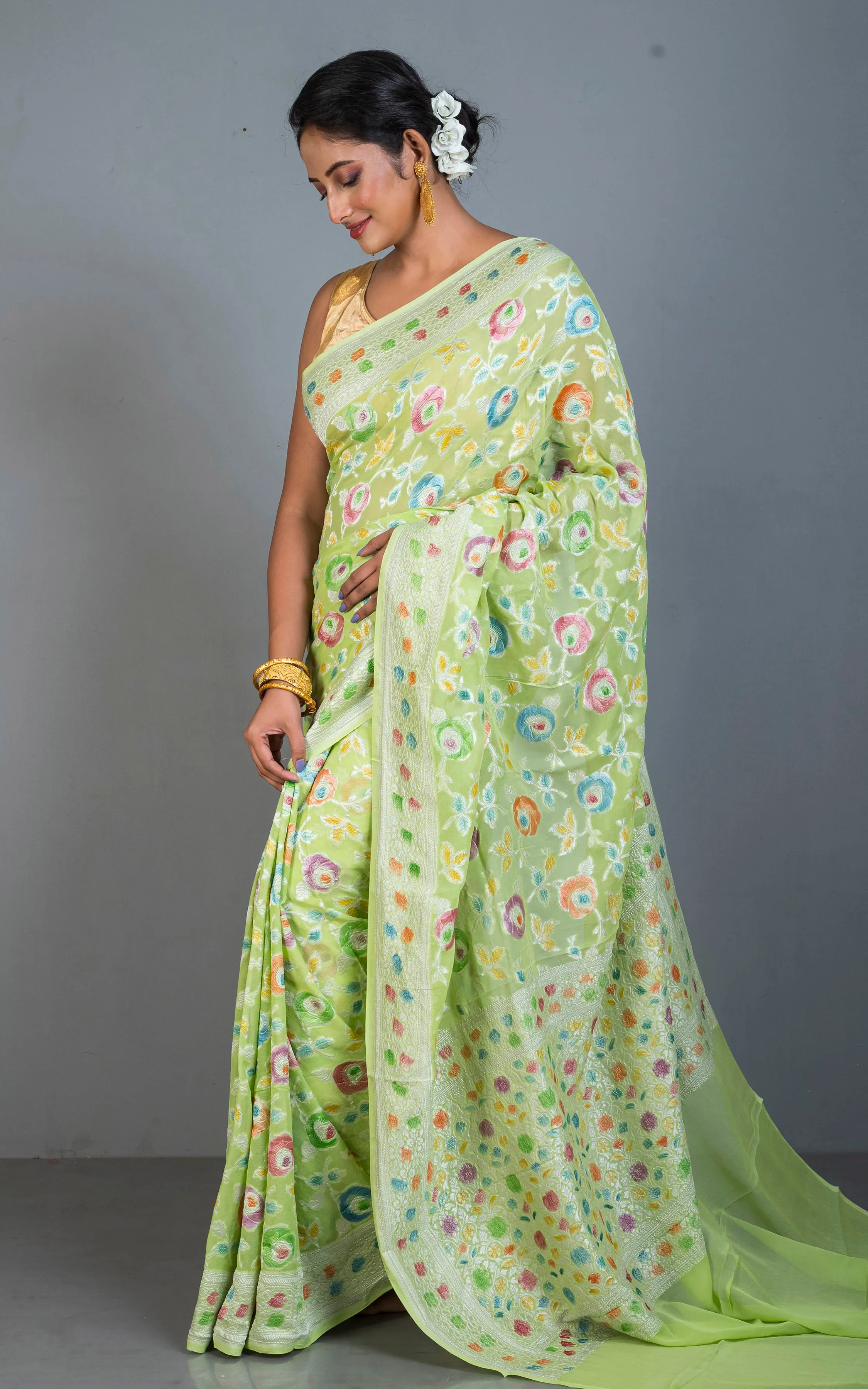 Handwoven Rangkart MInakari Brocade Work Khaddi Georgette Banarasi Saree in Lime Green, Multicolored & Water Golden