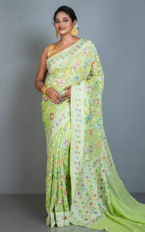 Handwoven Rangkart MInakari Brocade Work Khaddi Georgette Banarasi Saree in Lime Green, Multicolored & Water Golden