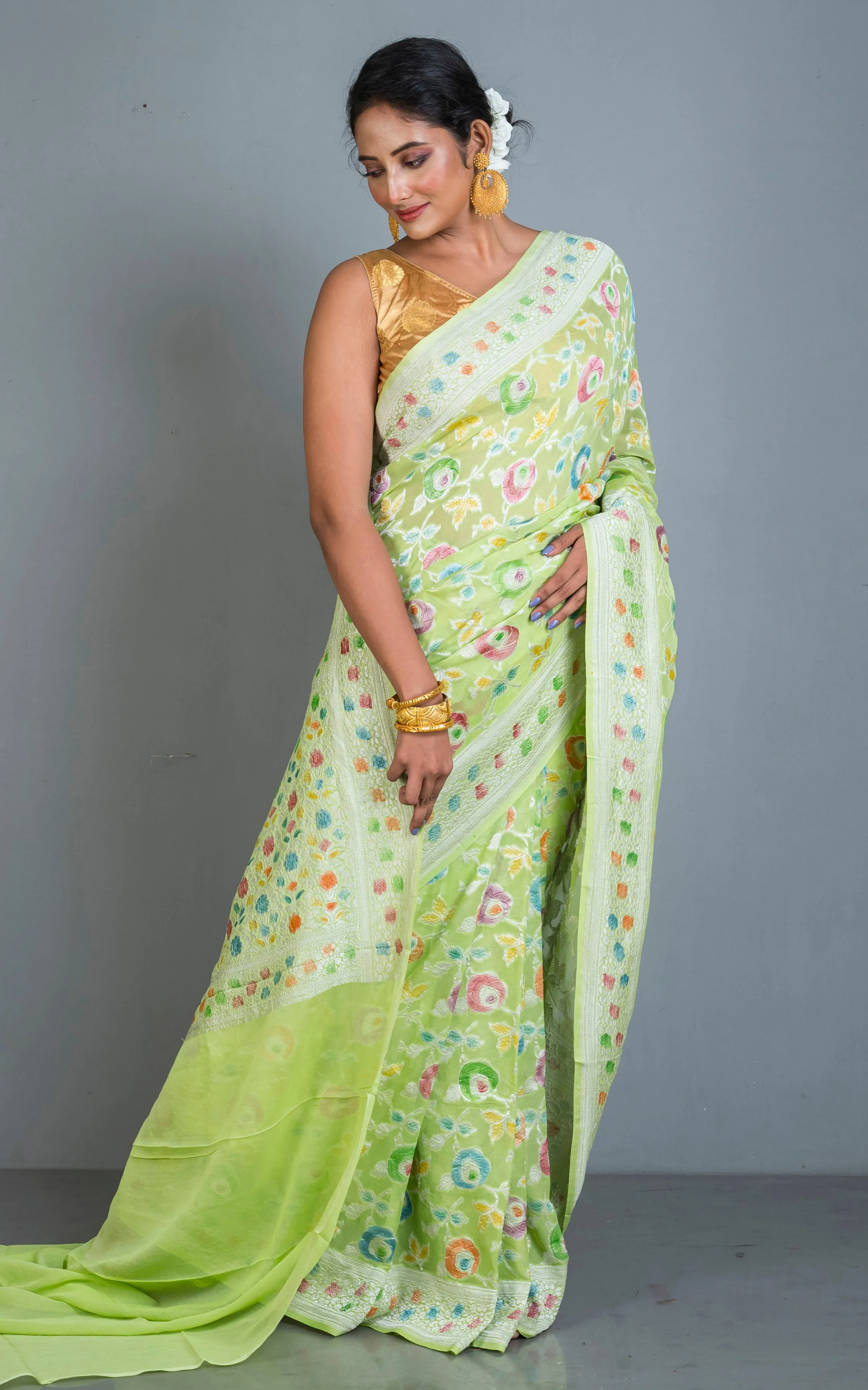 Handwoven Rangkart MInakari Brocade Work Khaddi Georgette Banarasi Saree in Lime Green, Multicolored & Water Golden