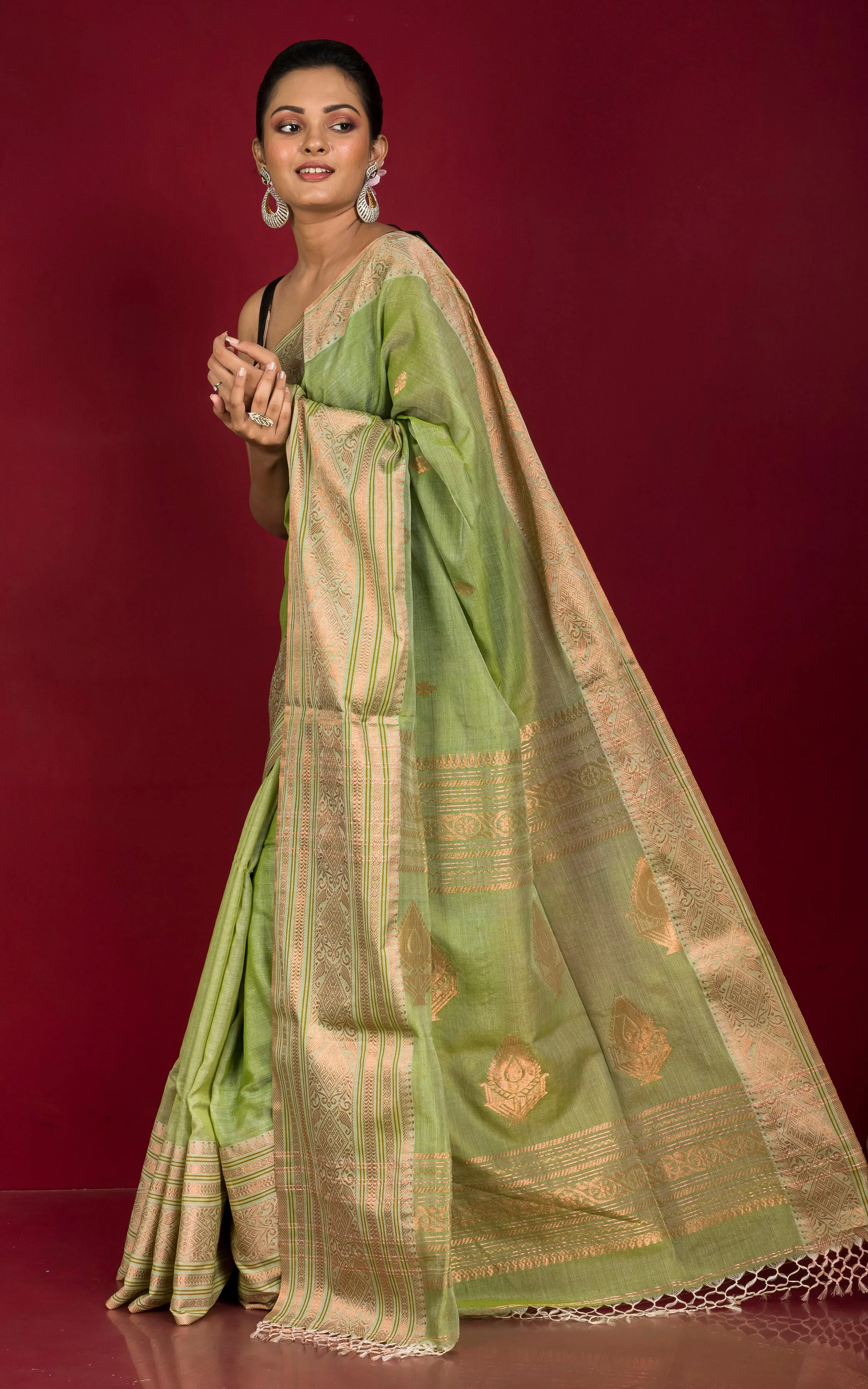 Handwoven Tussar Cotton Silk Banarasi Katan Saree in Paste Green and Copper