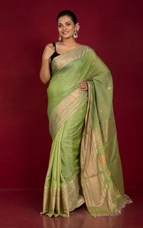 Handwoven Tussar Cotton Silk Banarasi Katan Saree in Paste Green and Copper