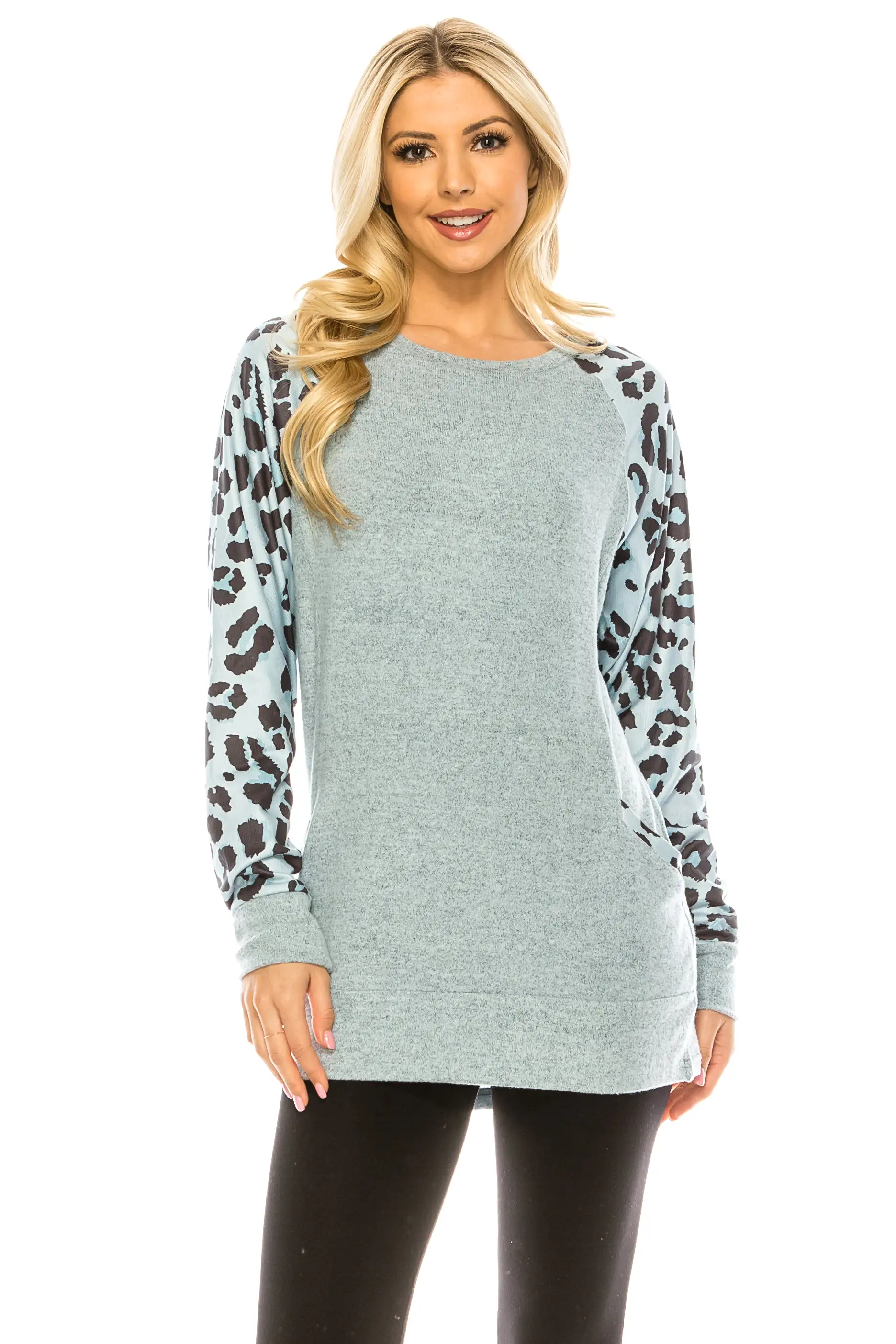 Haute Edition Women's Ultra Soft Long Sleeve Spring Pullover Leopard Raglan Sweatshirt