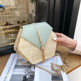 Hexagon Multi Style Straw Leather Handbag Women Summer Rattan Bag Handmade Woven