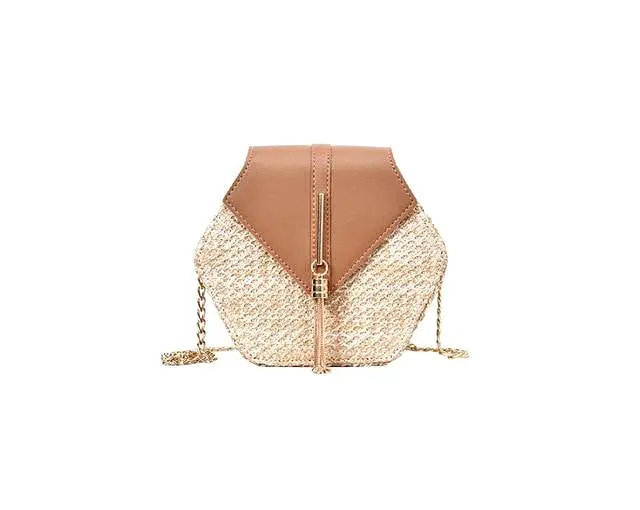 Hexagon Multi Style Straw Leather Handbag Women Summer Rattan Bag Handmade Woven