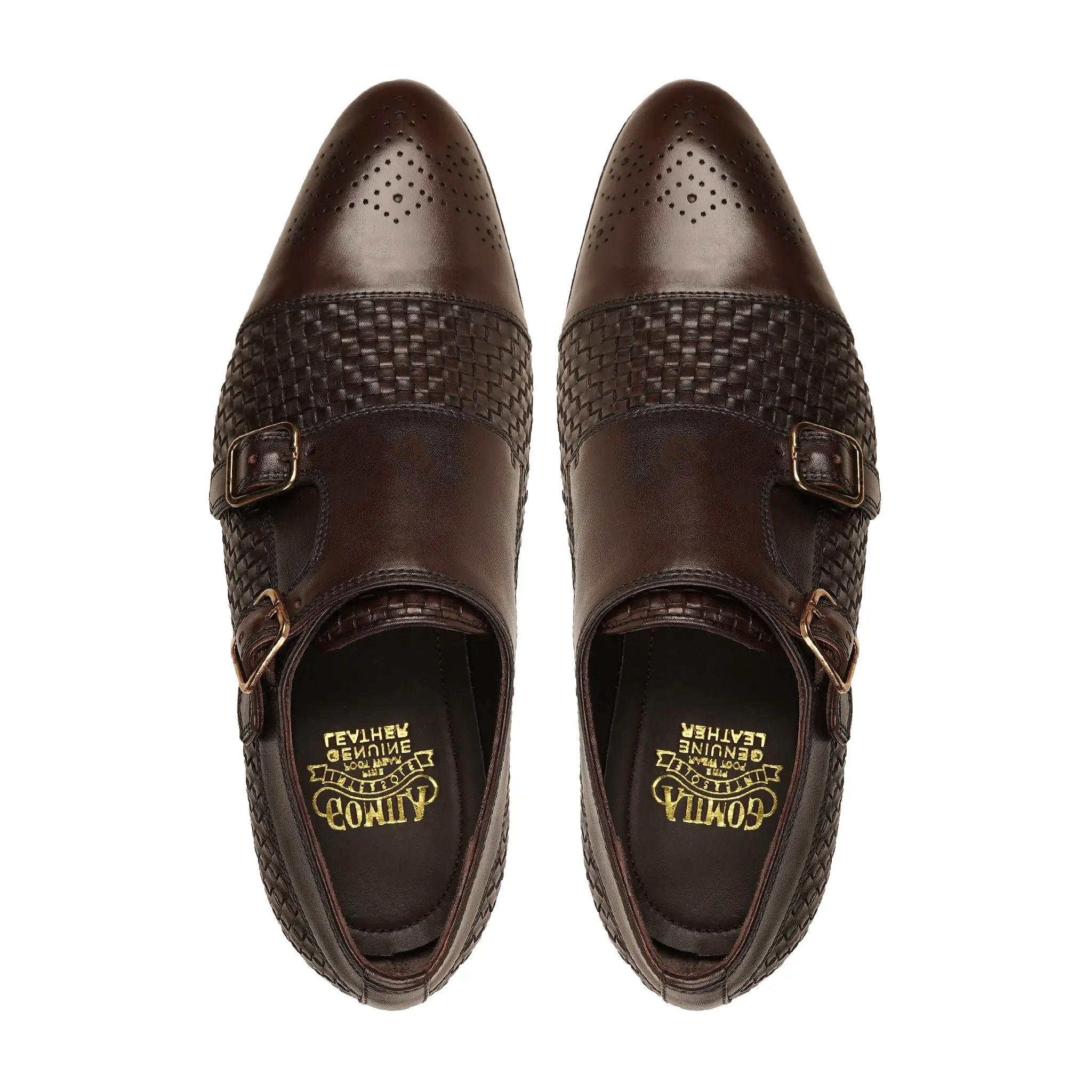 Hrastnik - Men's Dark Brown Calf and Hand Woven Leather Double Monkstrap