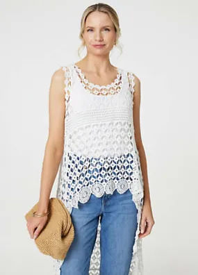 Izabel London White Lace Sleeveless High Low Top | Grattan