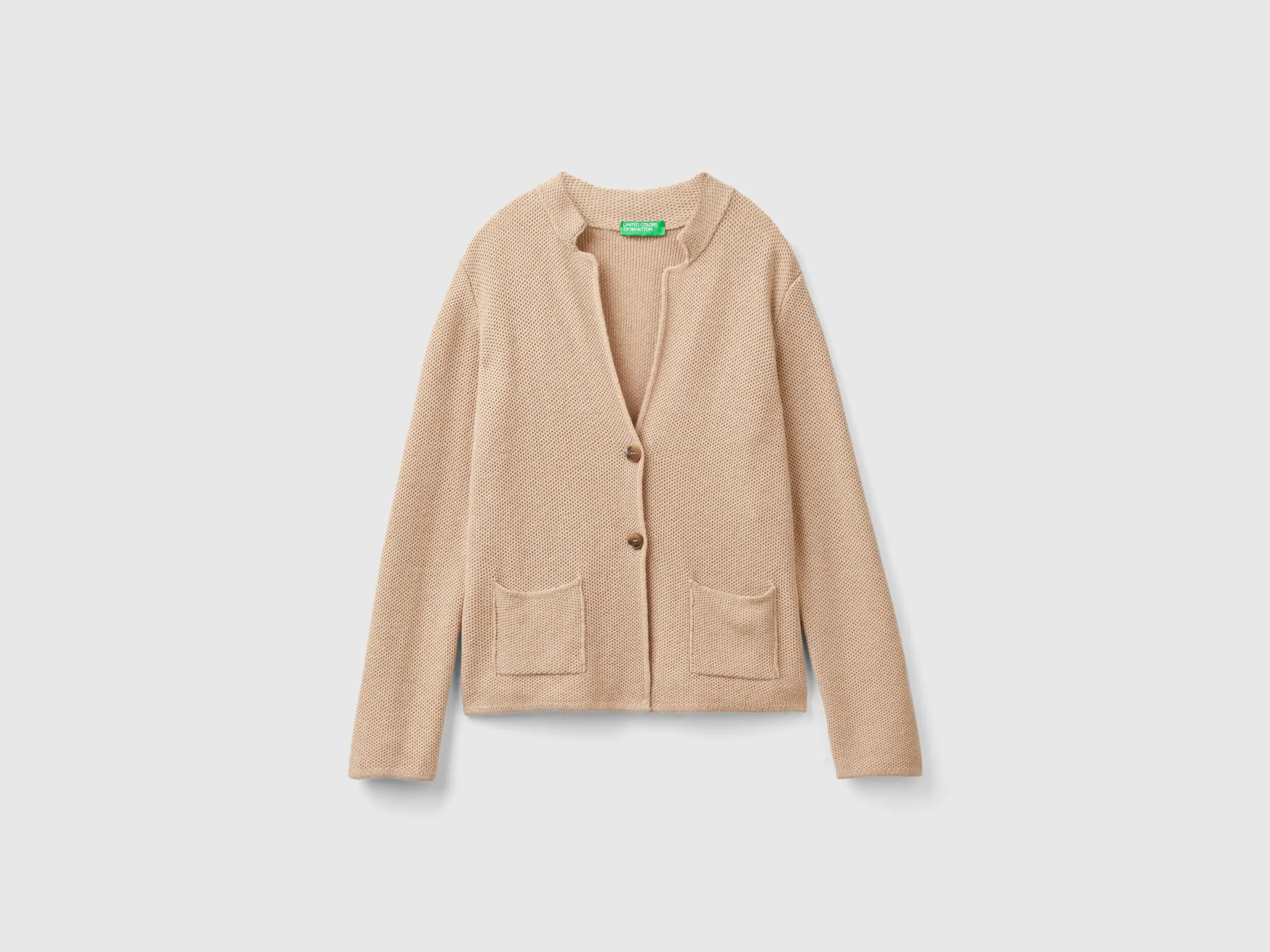 Knit jacket in wool and cashmere blend - Beige | Benetton