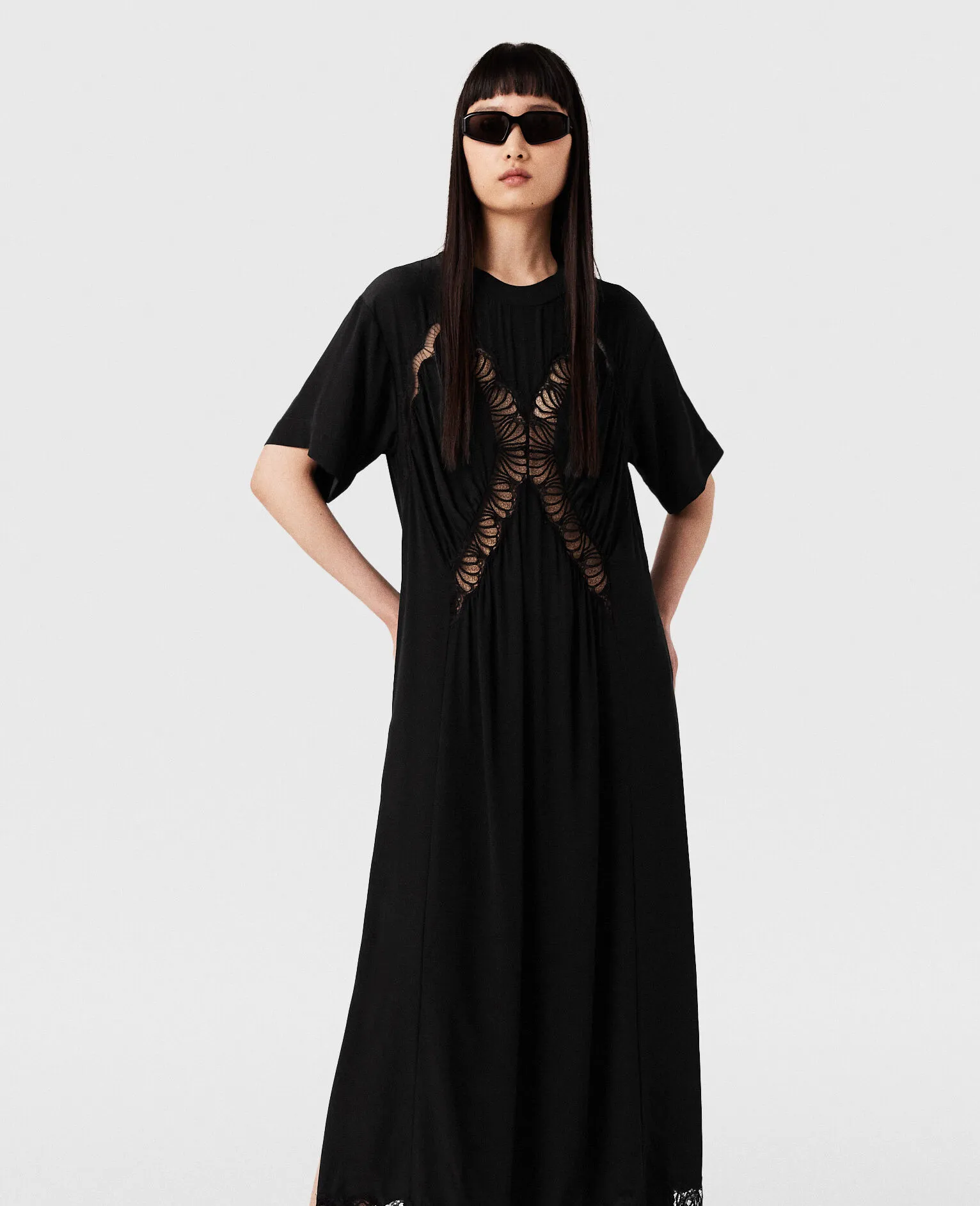 Lace Insert Short Sleeve Maxi Dress