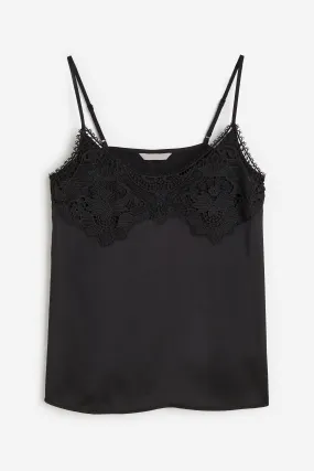 Lace-trimmed cami top - V-neck - Sleeveless - Black - Ladies | H&M GB