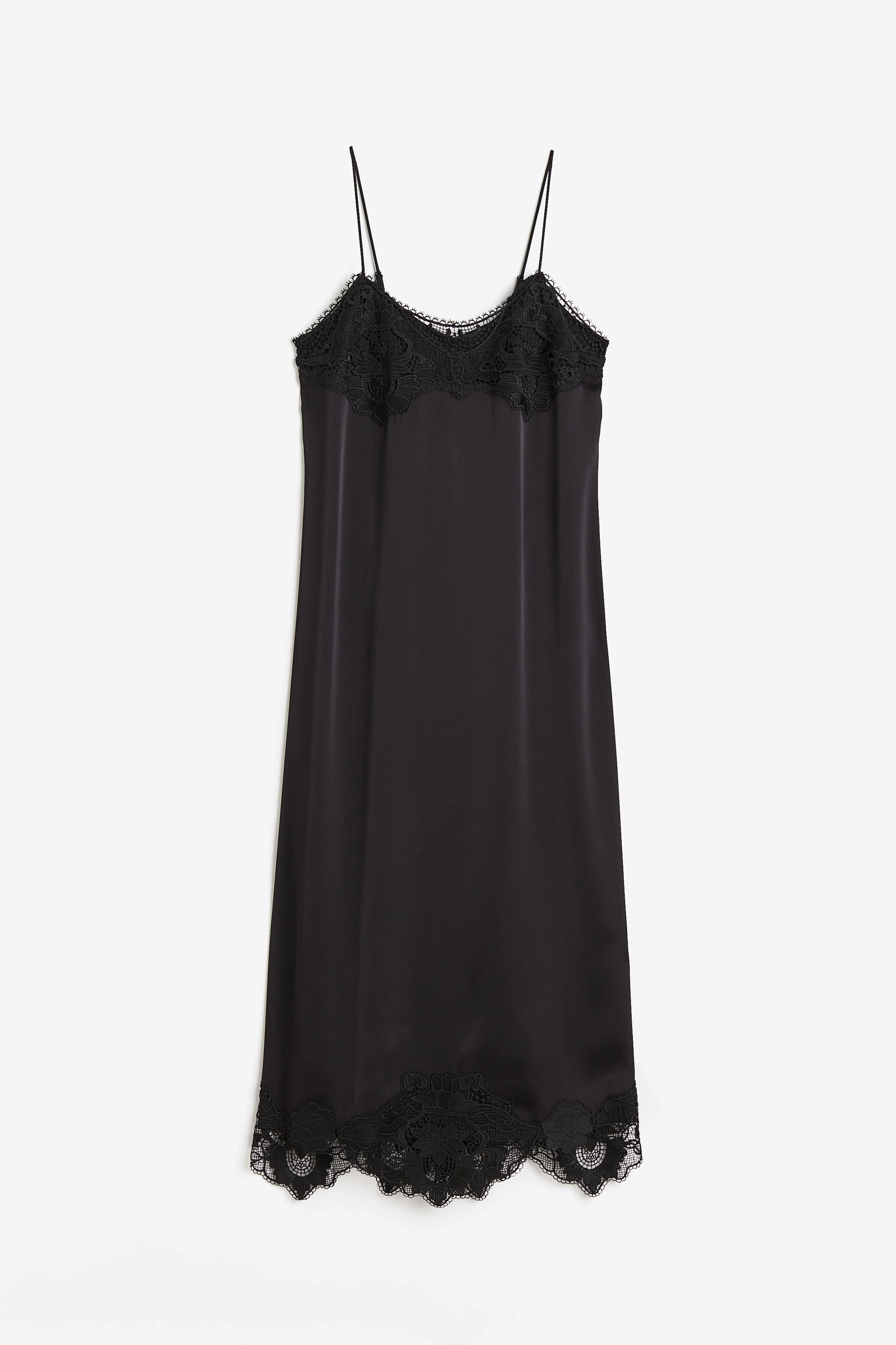 Lace-trimmed slip dress - V-neck - Sleeveless - Black - Ladies | H&M GB