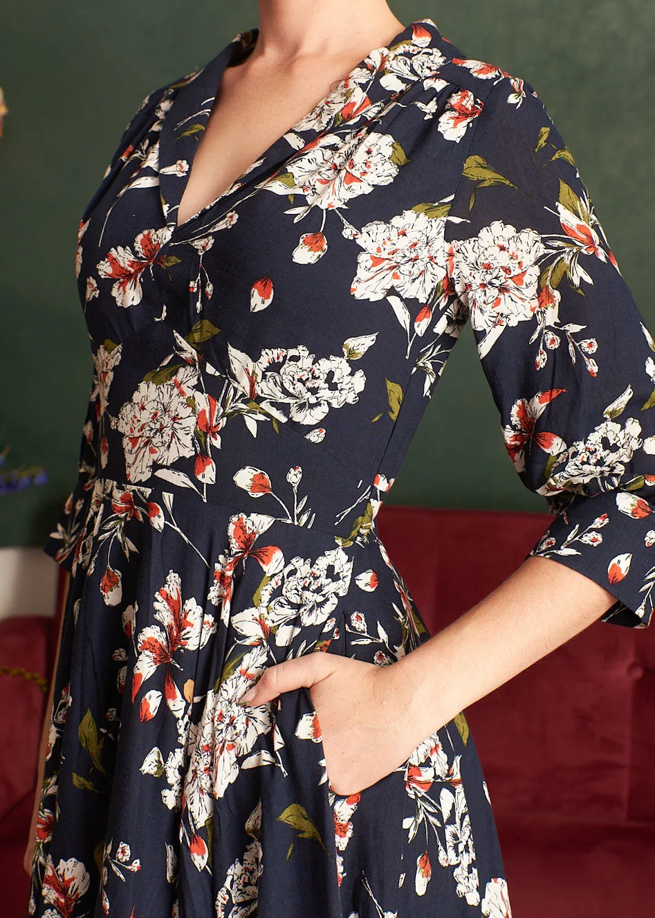 Lavender Navy & Cream Floral 3/4 Sleeve Dress