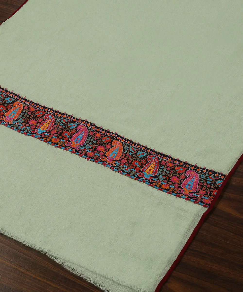 Light Green Handwoven Pure Pashmina Stole With Hand Appliqued Kashidakari Border