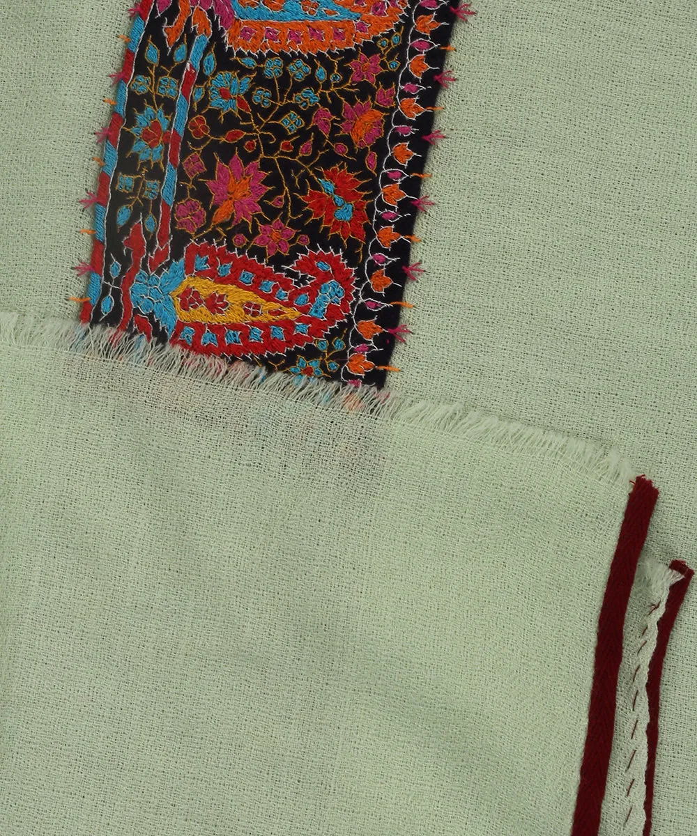 Light Green Handwoven Pure Pashmina Stole With Hand Appliqued Kashidakari Border