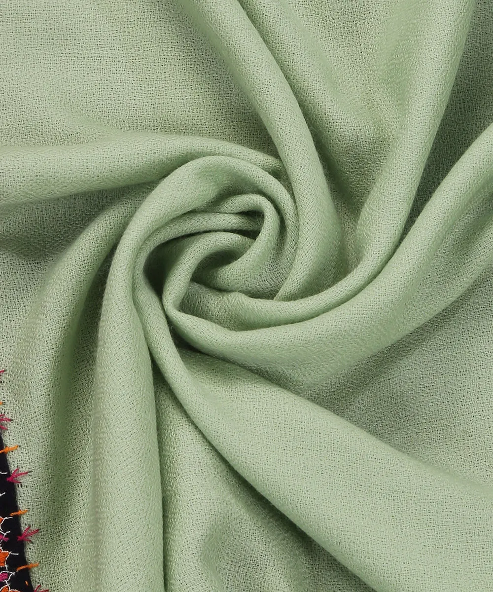 Light Green Handwoven Pure Pashmina Stole With Hand Appliqued Kashidakari Border