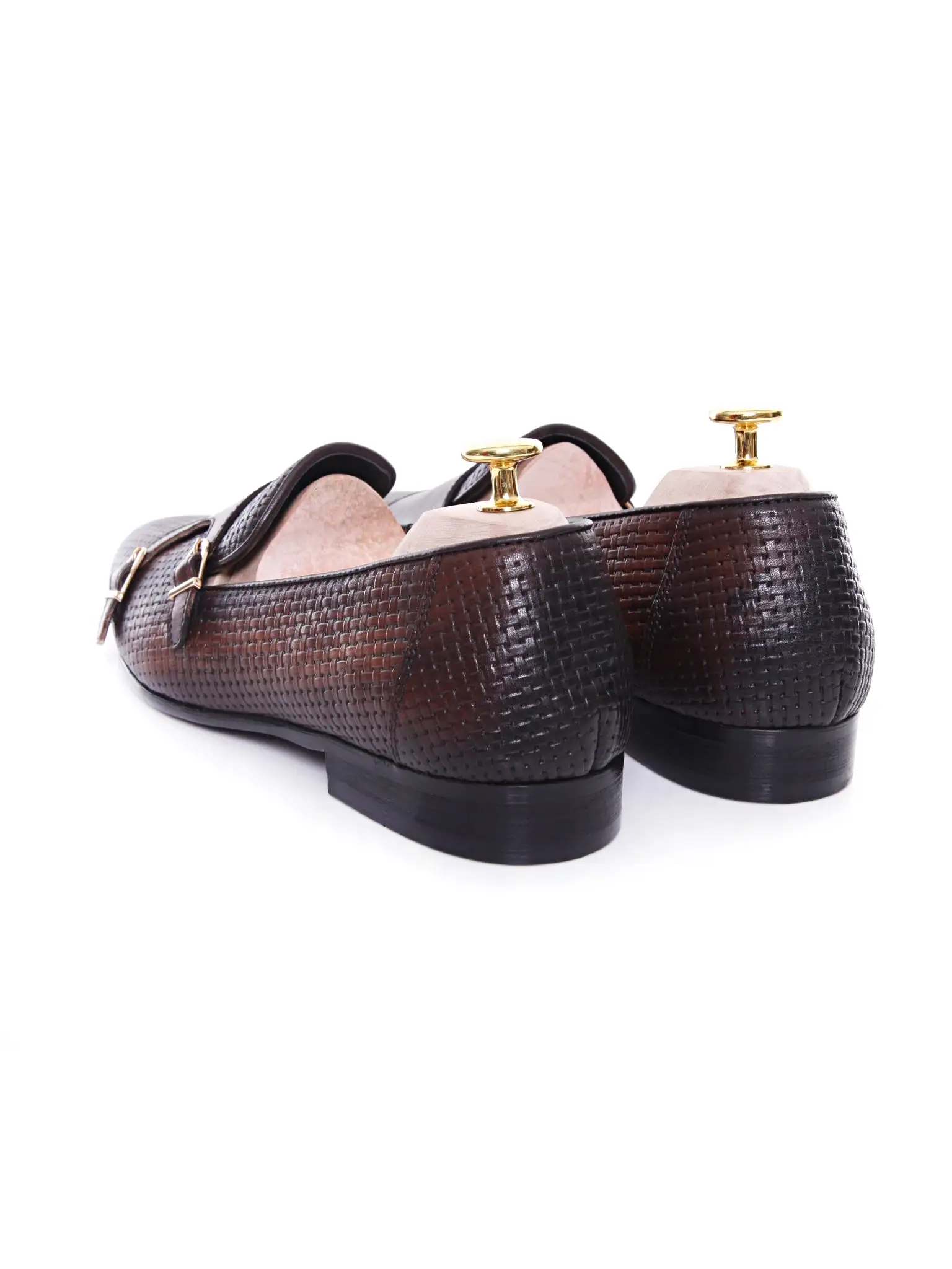 Loafer Slipper - Dark Brown Double Monk Strap with Woven Leather (Hand Painted Patina)