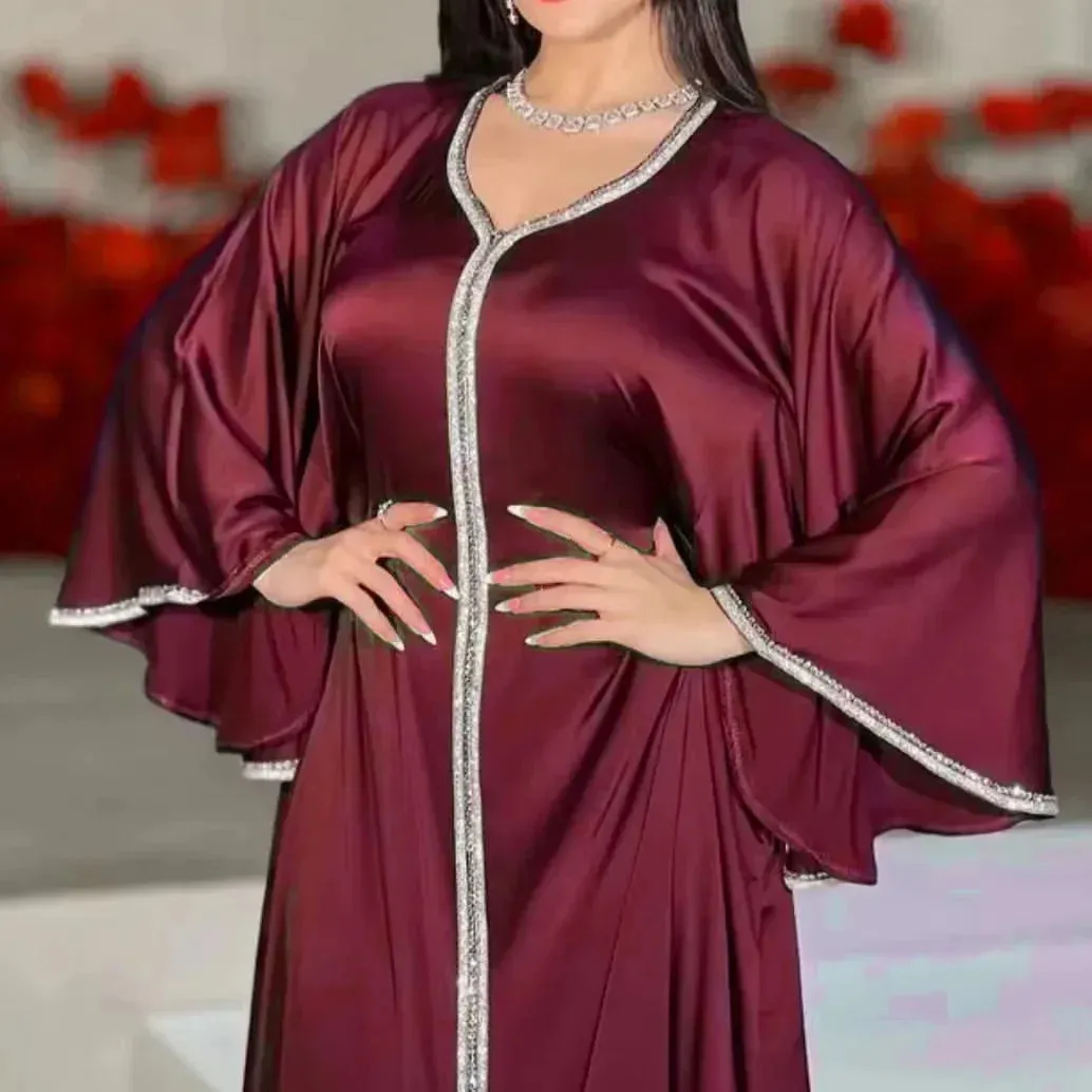 Long Dress Women Solid V Neck Moroccan Kaftan Elegante