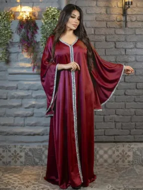 Long Dress Women Solid V Neck Moroccan Kaftan Elegante