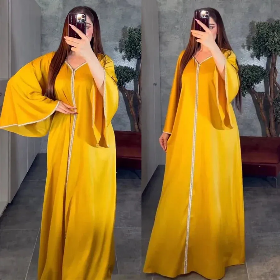 Long Dress Women Solid V Neck Moroccan Kaftan Elegante