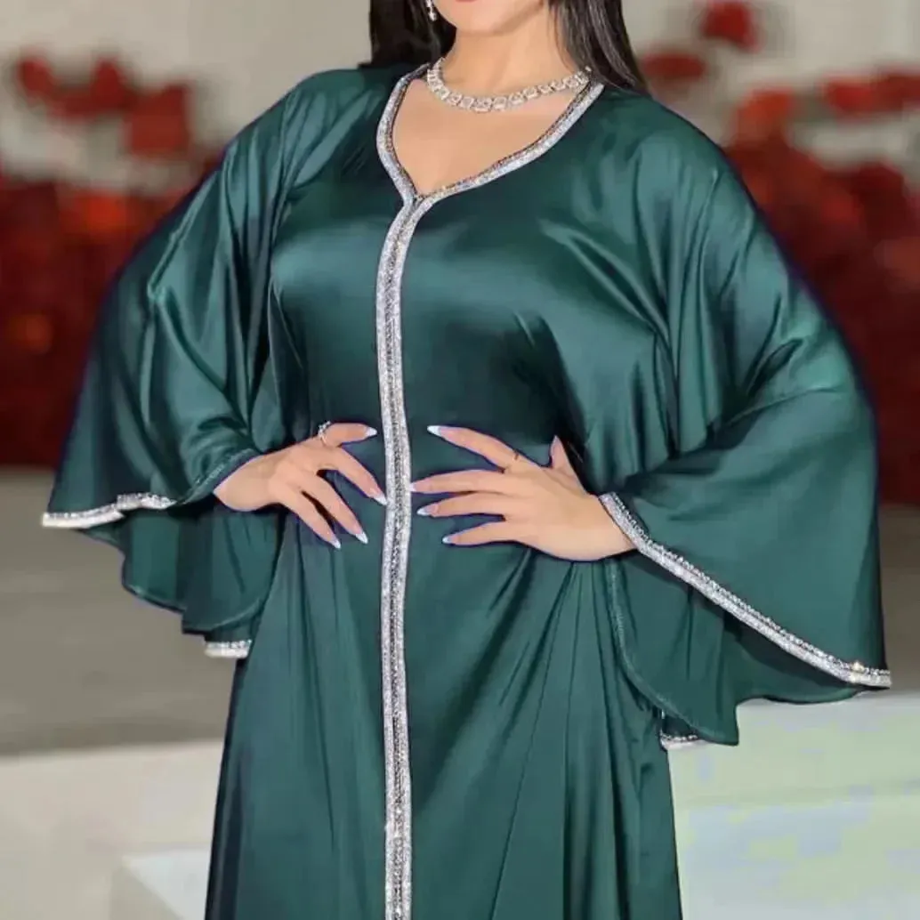 Long Dress Women Solid V Neck Moroccan Kaftan Elegante