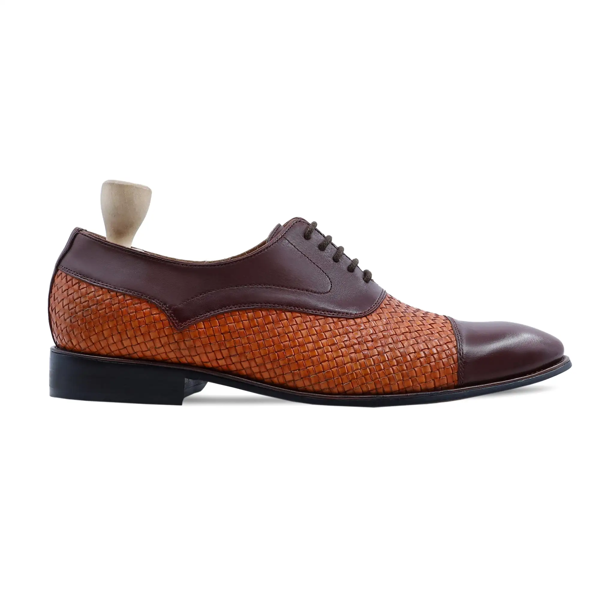 Lusaka - Men's Dark Brown Calf and Tan Hand Woven Leather Oxford