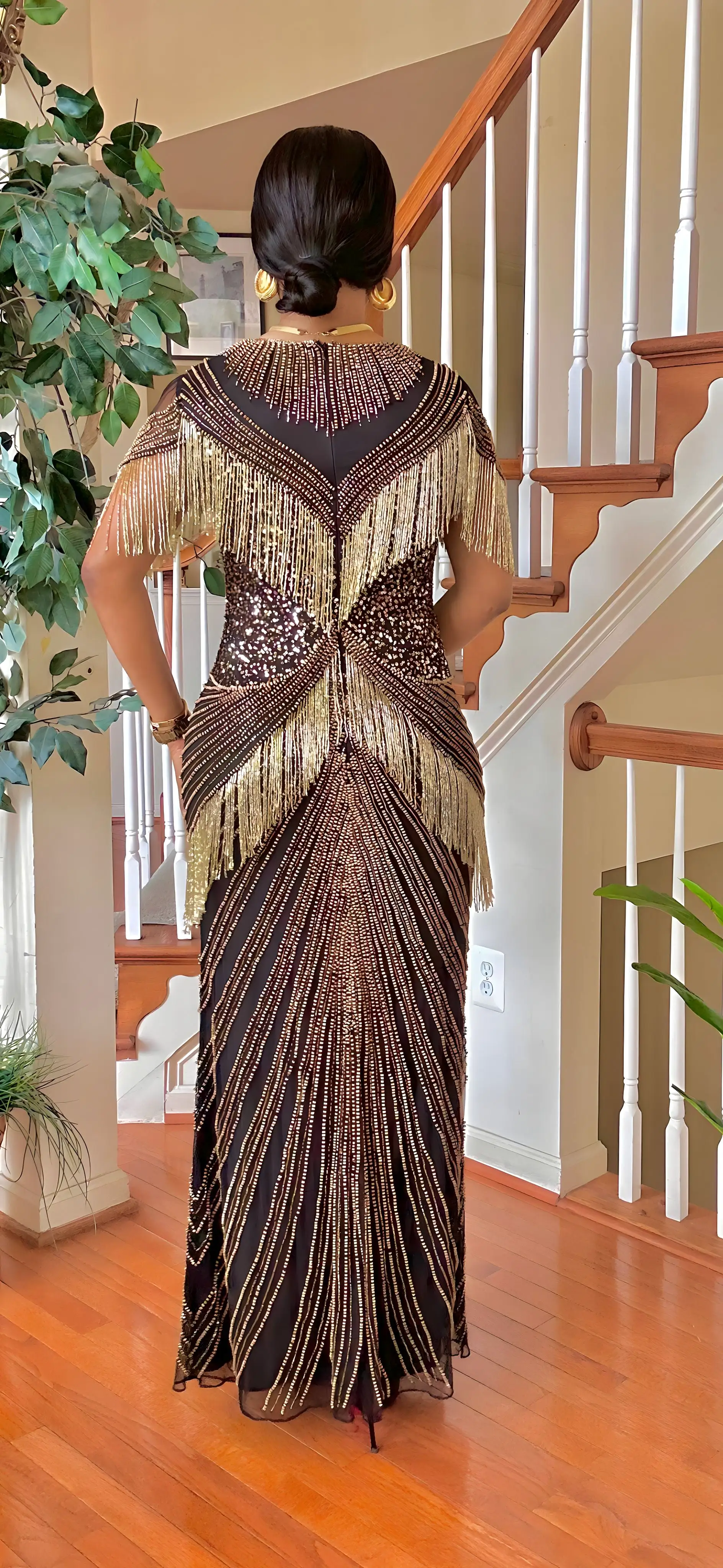 LUXURY SHORT SLEEVE BEADED SEQUINS MAXI DRESS(GOLD/BLACK)