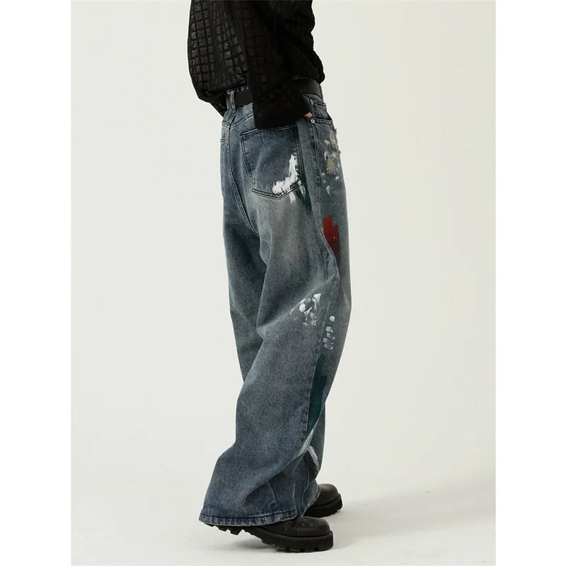 Men's Denim Loose Fit Mid Waist Wide Straight Leg Casual Trousers