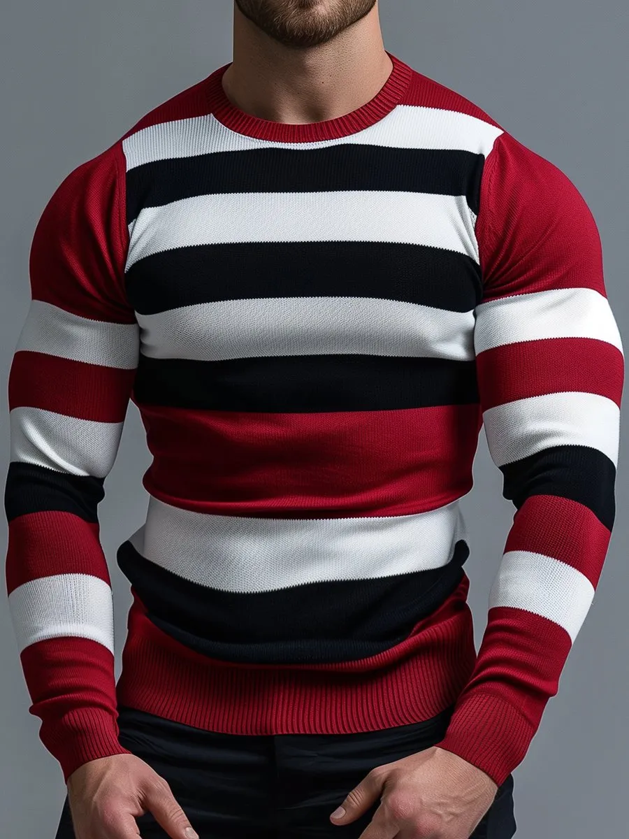 Men's Retro Contrast Striped Long Sleeve Sweater