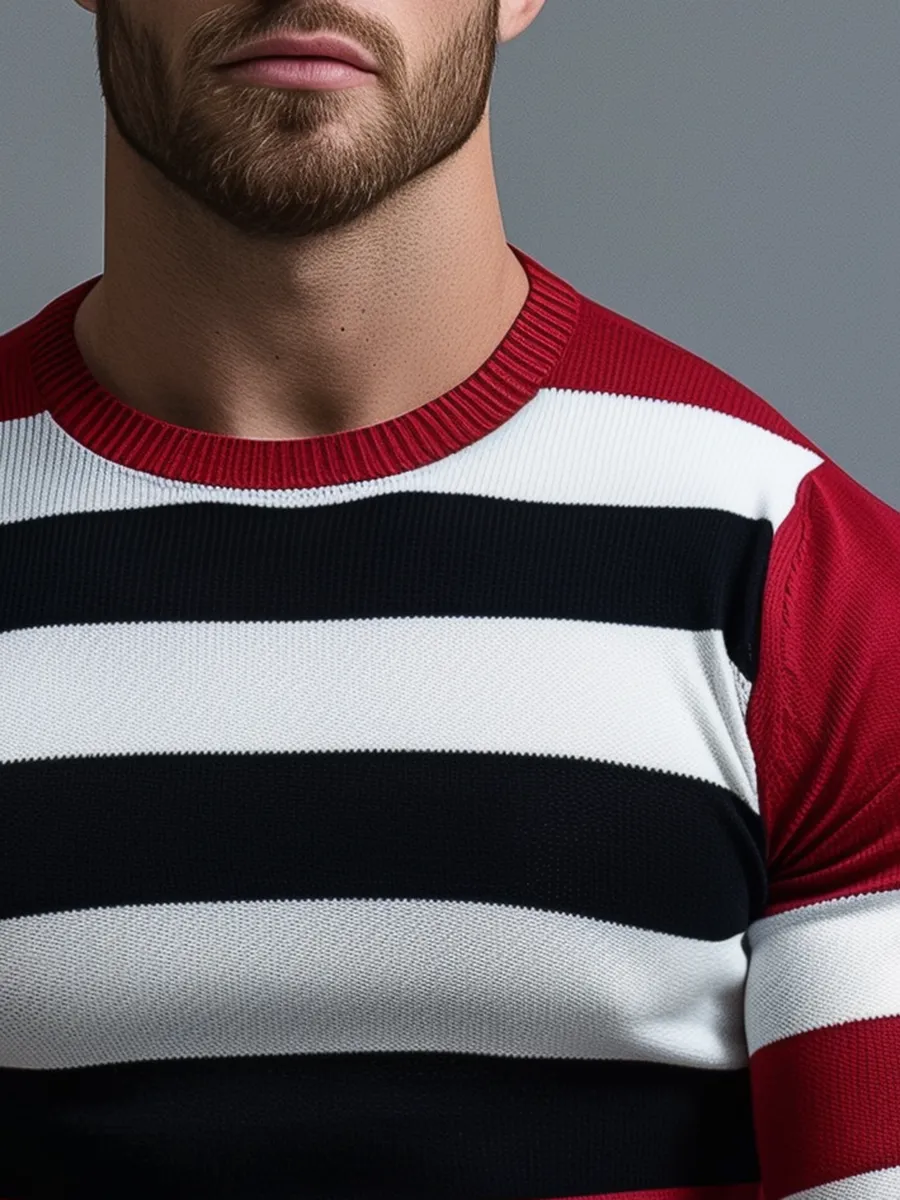 Men's Retro Contrast Striped Long Sleeve Sweater