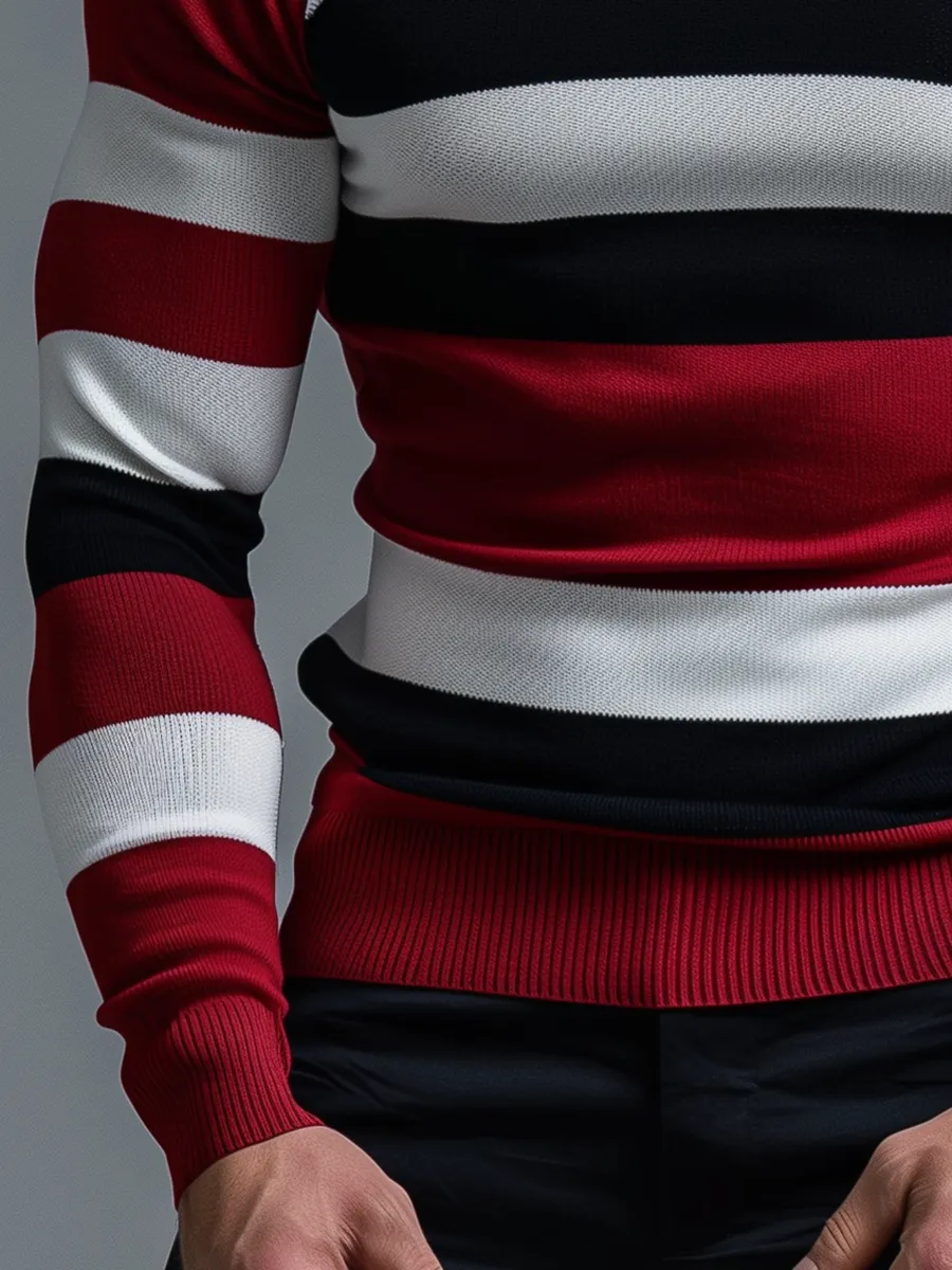 Men's Retro Contrast Striped Long Sleeve Sweater