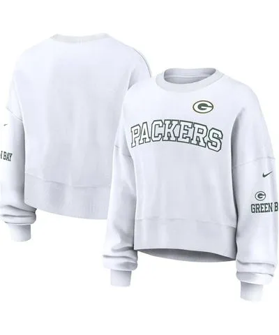 Nike Women's White Green Bay Packers Oversized Long Sleeve Cropped Sweatshirt