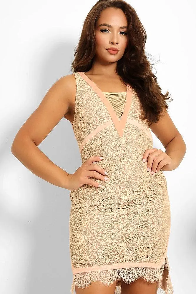 Nude Lace Mesh V-Neck Sleeveless Bodycon Dress