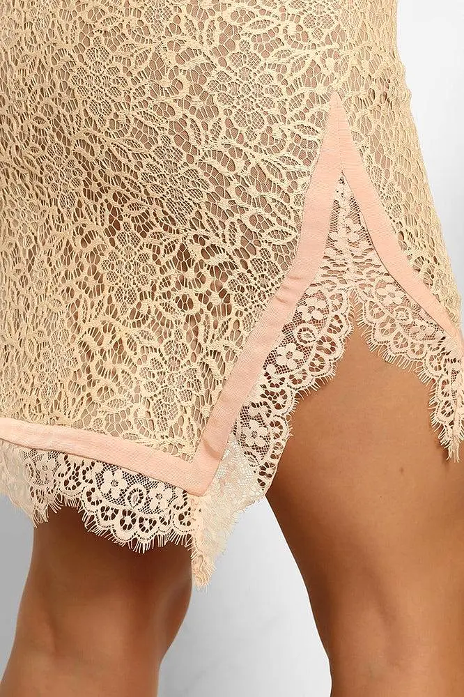 Nude Lace Mesh V-Neck Sleeveless Bodycon Dress