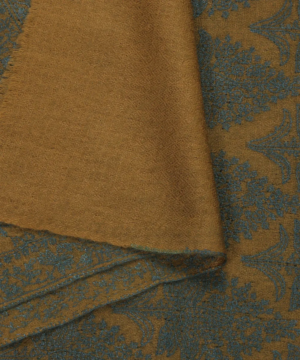 Olive Handwoven Pure Pashmina Stole with Green Hand embroidery