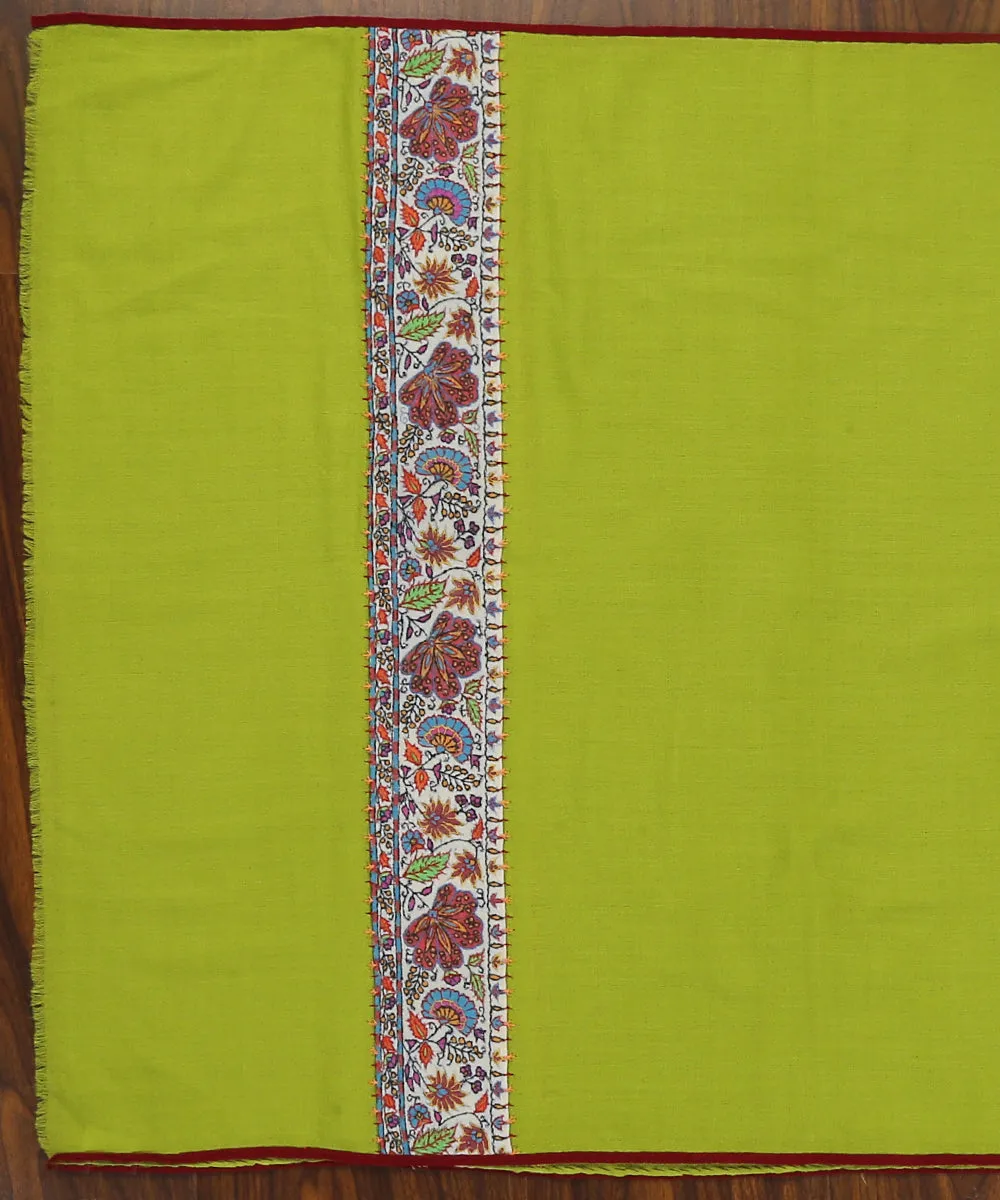 Parrot Green Handwoven Pure Pashmina Stole With Hand Appliqued Kashidakari Border