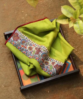 Parrot Green Handwoven Pure Pashmina Stole With Hand Appliqued Kashidakari Border