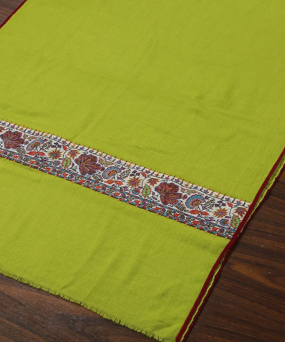 Parrot Green Handwoven Pure Pashmina Stole With Hand Appliqued Kashidakari Border